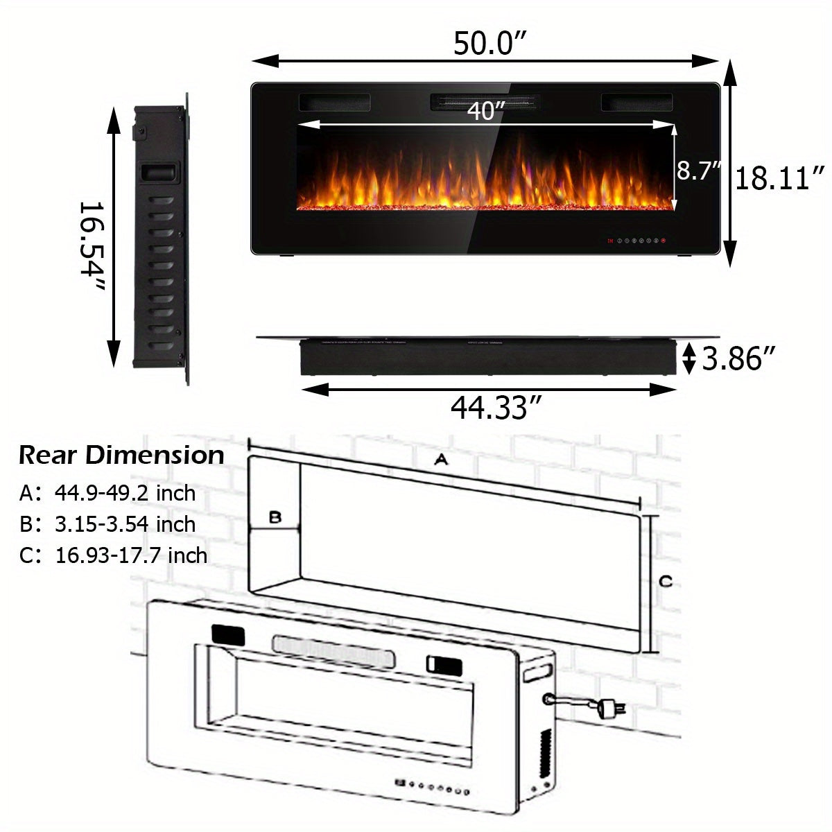 LIFEZEAL 50" Electric Fireplace Recessed Ultra Thin Wall Mounted Heater