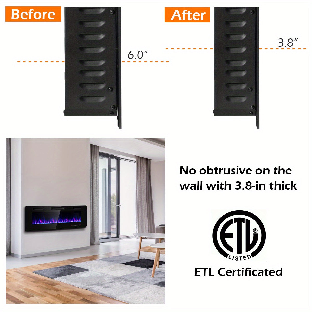 LIFEZEAL 50" Electric Fireplace Recessed Ultra Thin Wall Mounted Heater