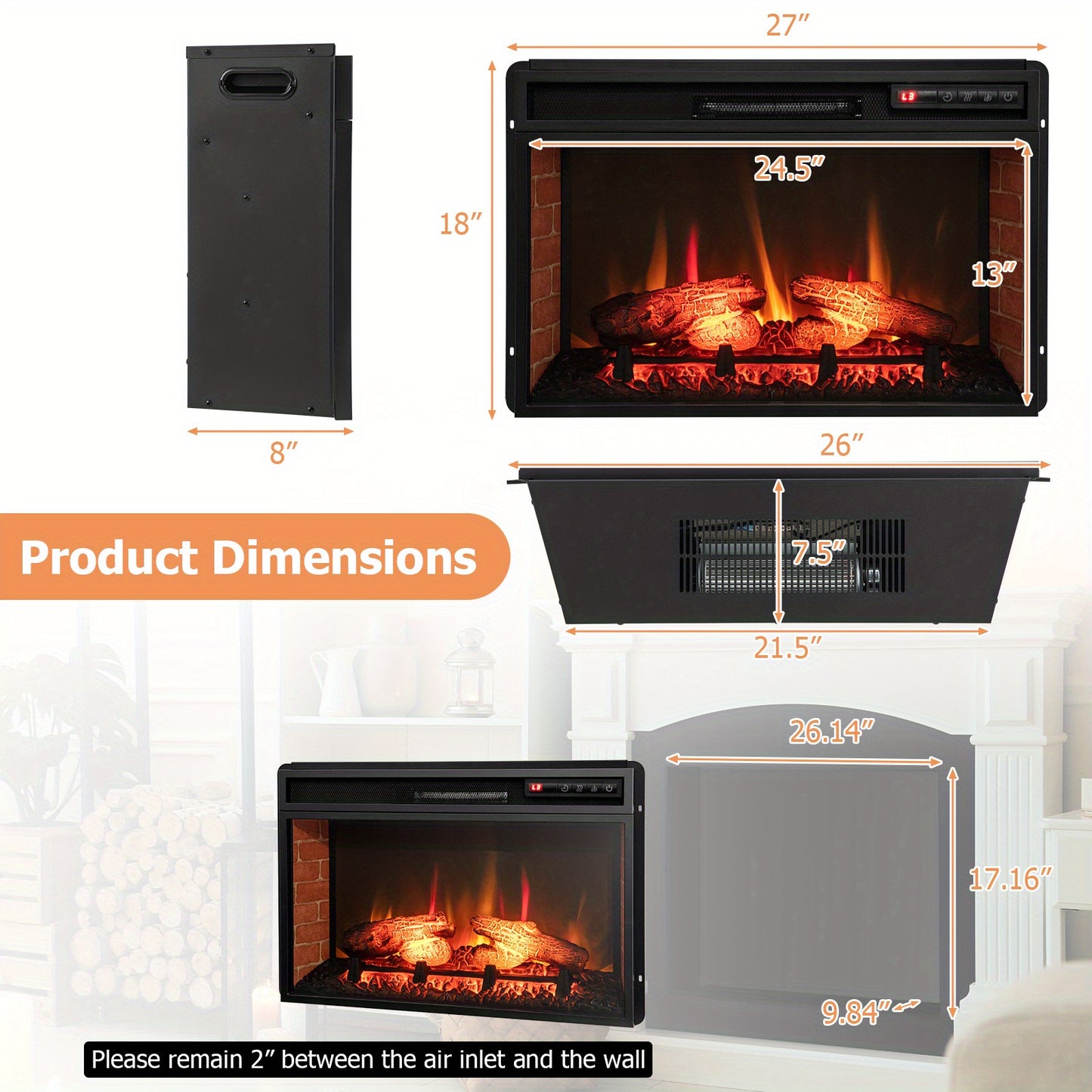 MULTIGOT 26" Electric Fireplace Insert, Recessed & Freestanding Heater