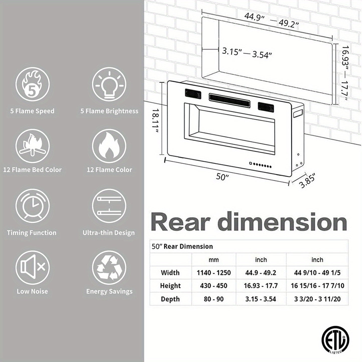 Xbeauty Electric Fireplace in-Wall Recessed and Wall Mounted