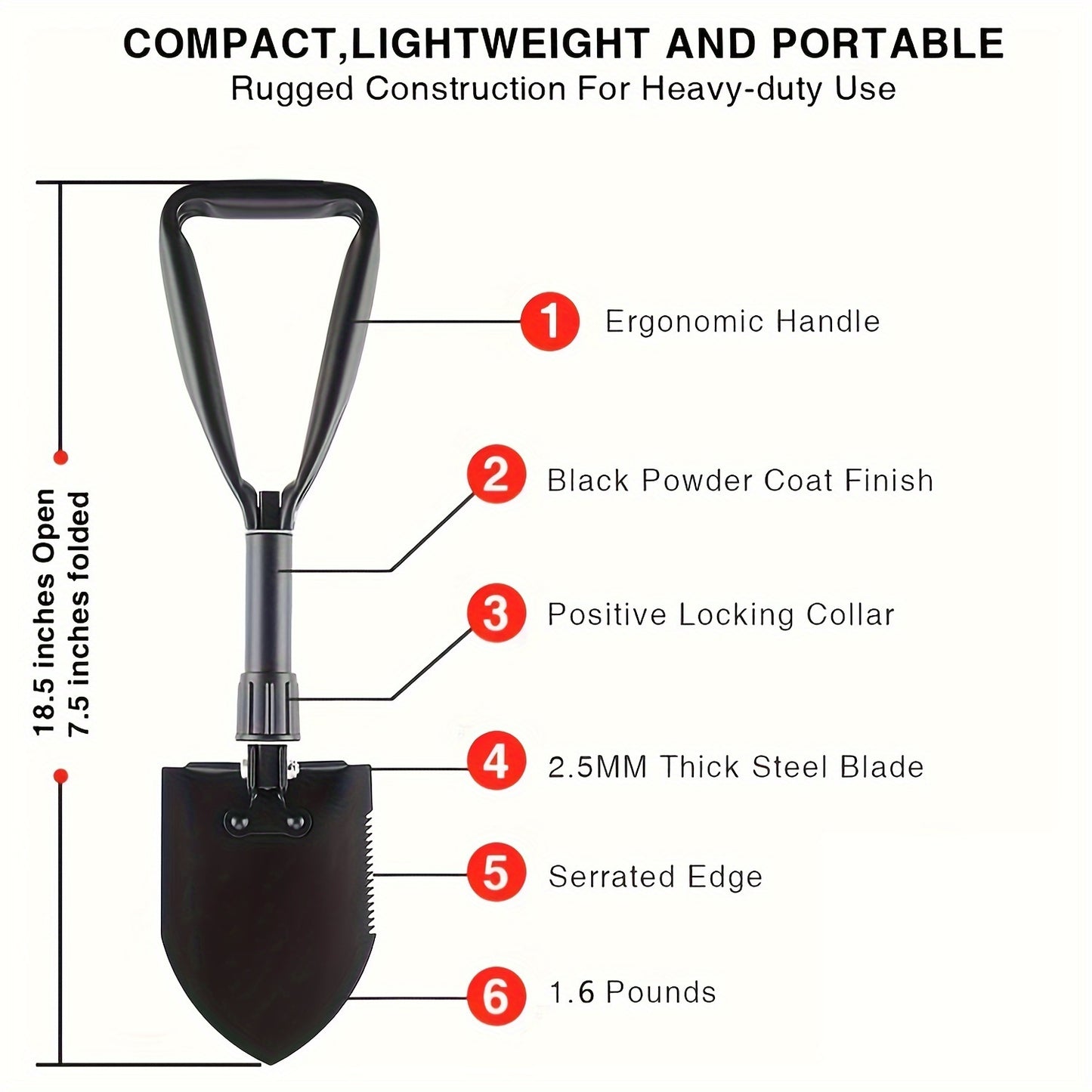 18.5" Folding Shovel, Portable Metal Snow Shovel