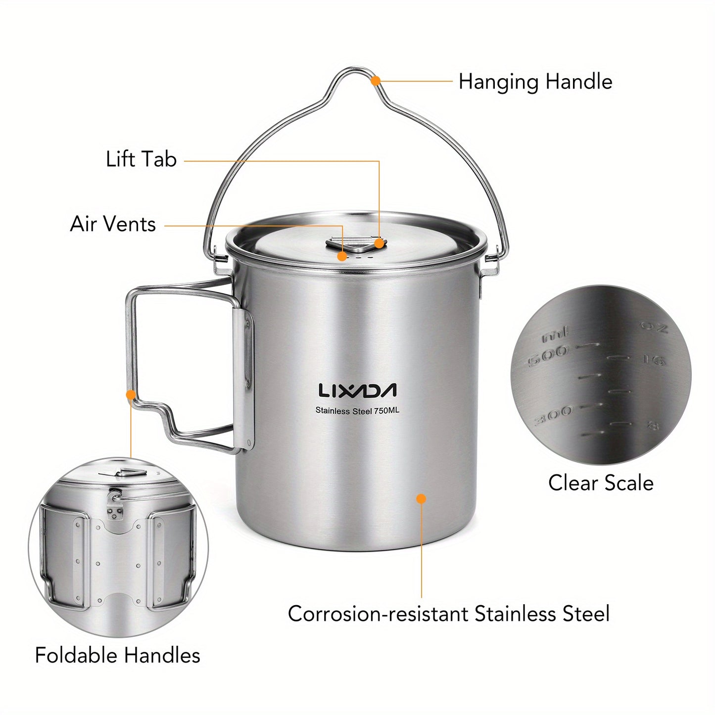 Lixada Stainless Steel Water Mug with Lid and Foldable Handle