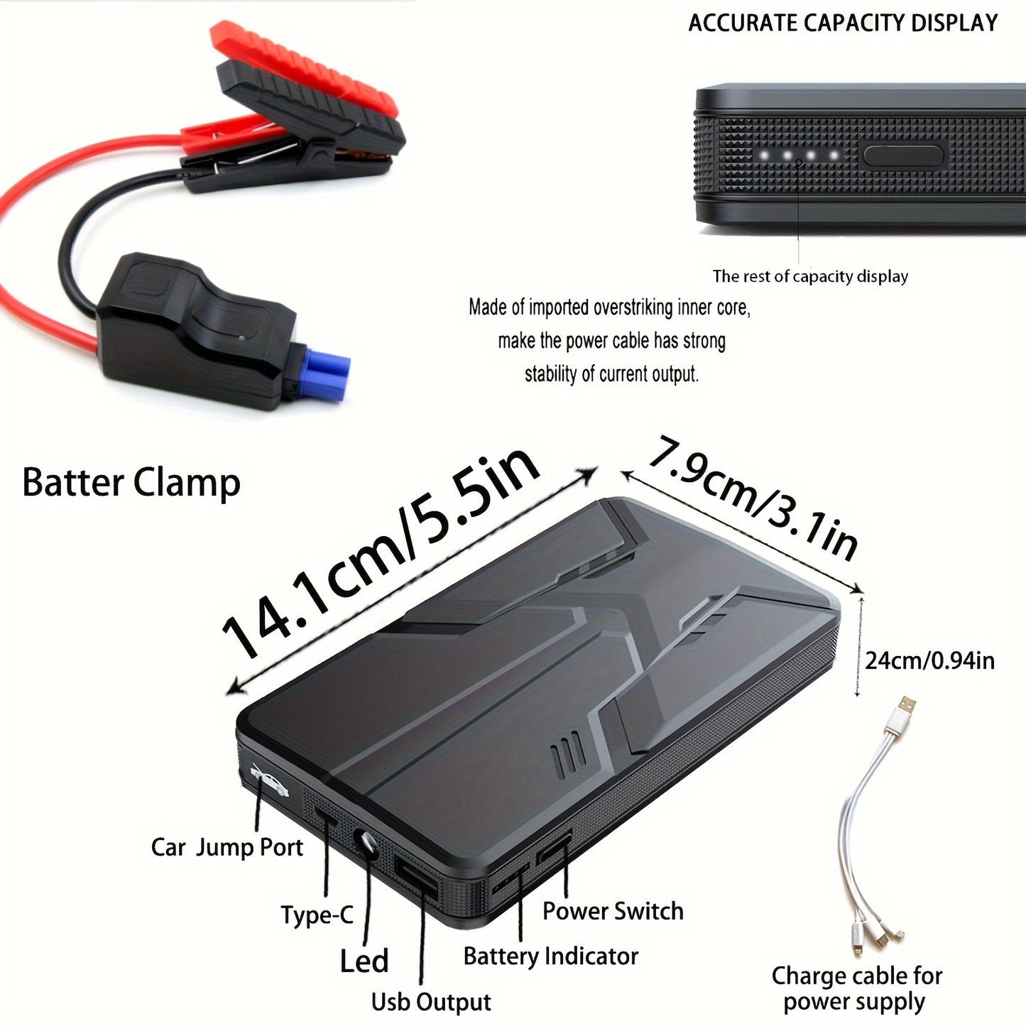 Car Jump Starter 30000mAh Power Bank With Led Light