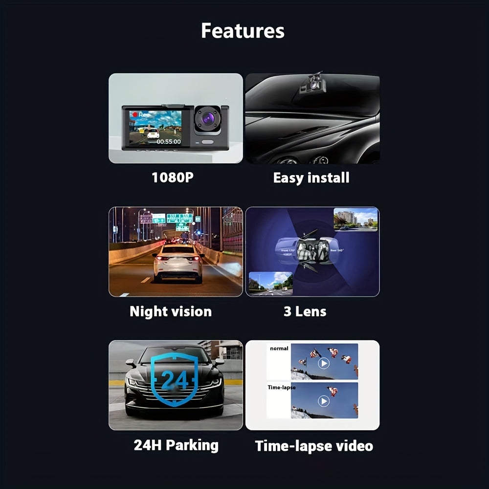 Vavupo 1080P Triple Dash Cam for Cars