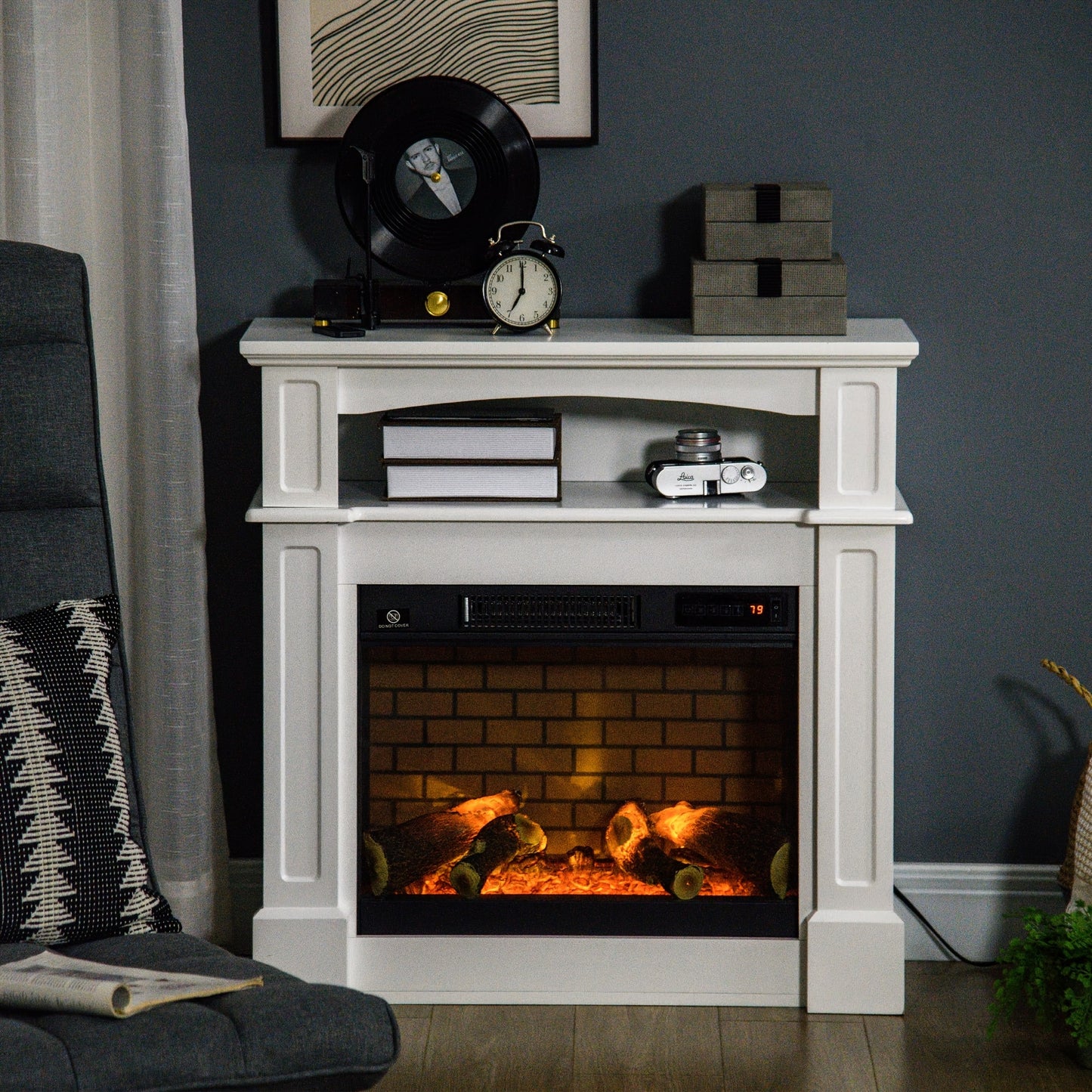 32" Freestanding Electric Fireplace Heater With Mantel