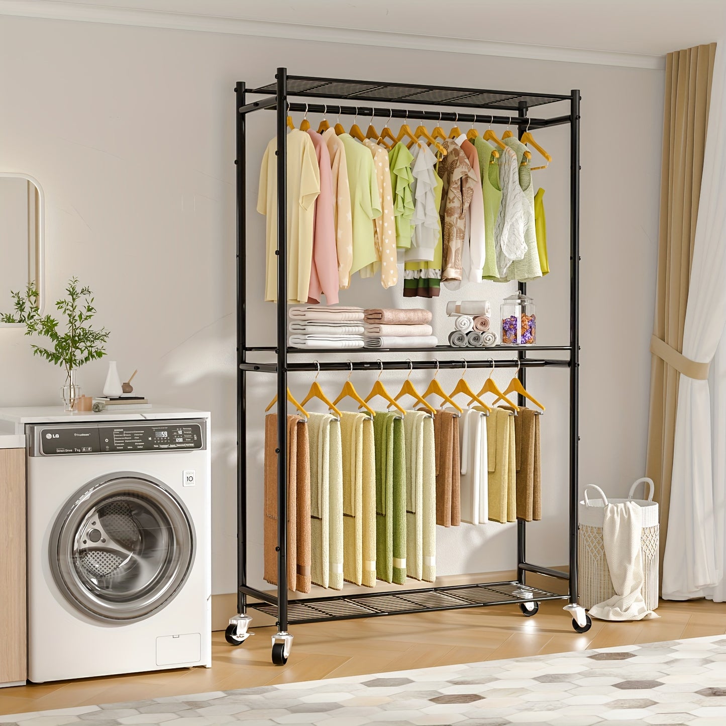 Portable Rolling Clothes Rack with Double Rods