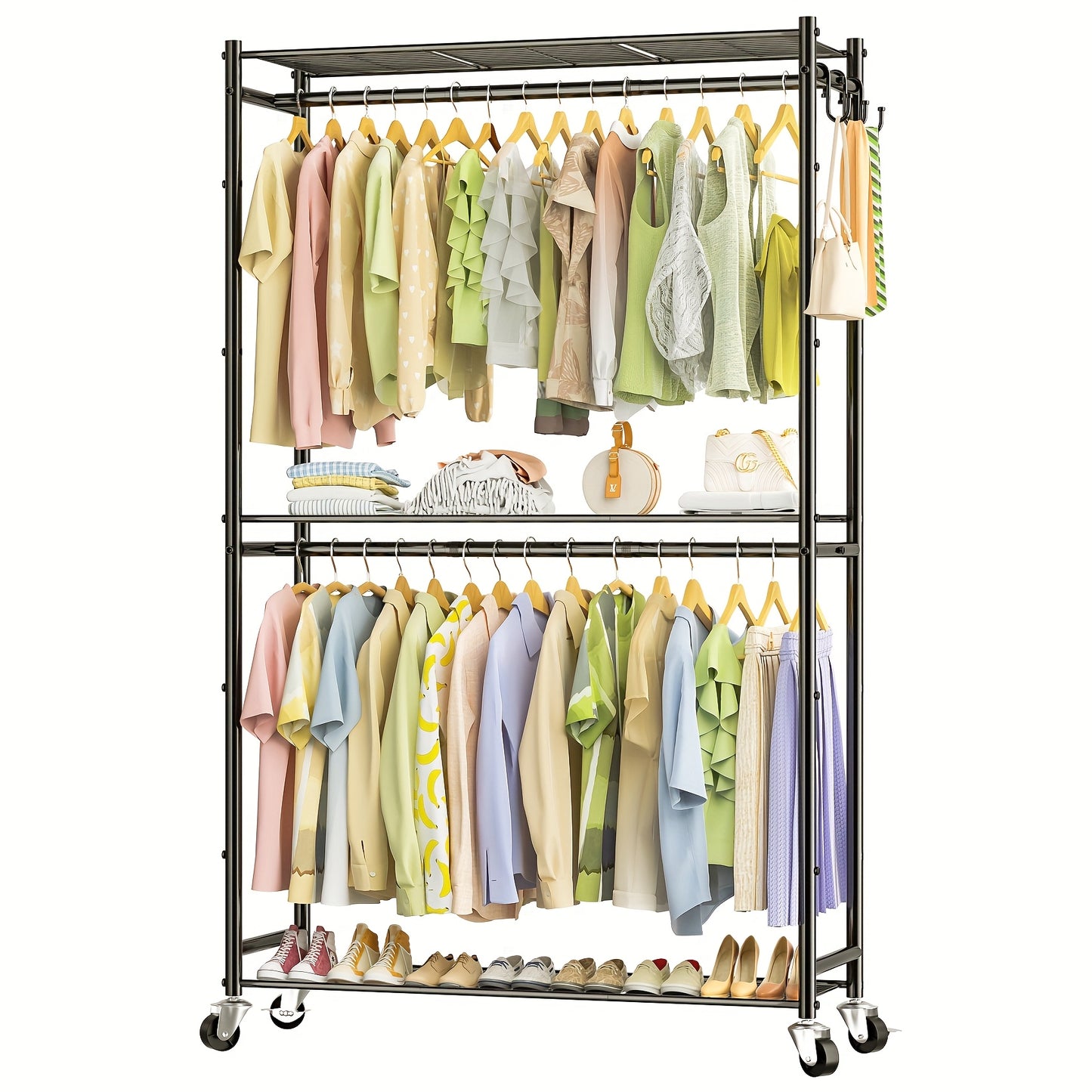 Portable Rolling Clothes Rack with Double Rods