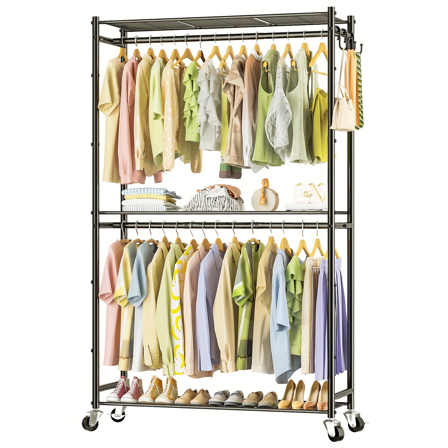 Portable Rolling Clothes Rack with Double Rods