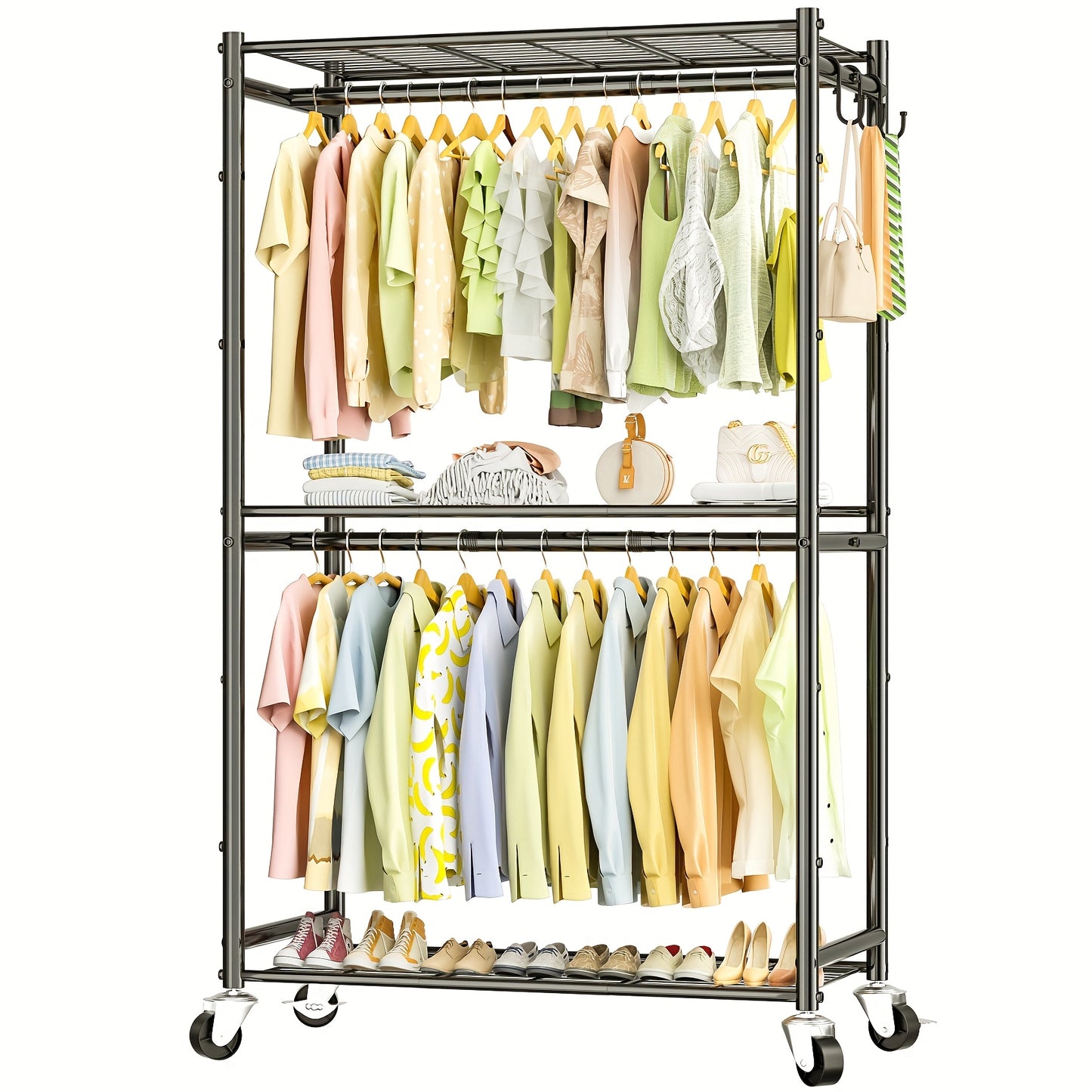 Portable Rolling Clothes Rack with Double Rods