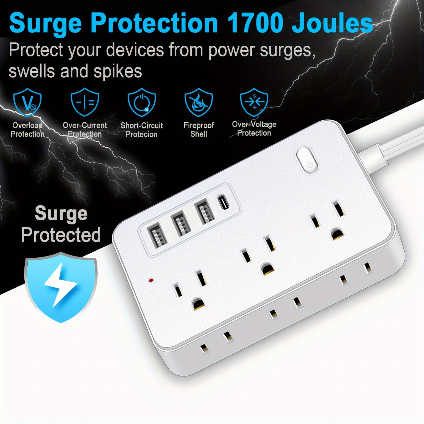 Surge Protector Power Strip with 5-Foot Flat Plug Extension Cord