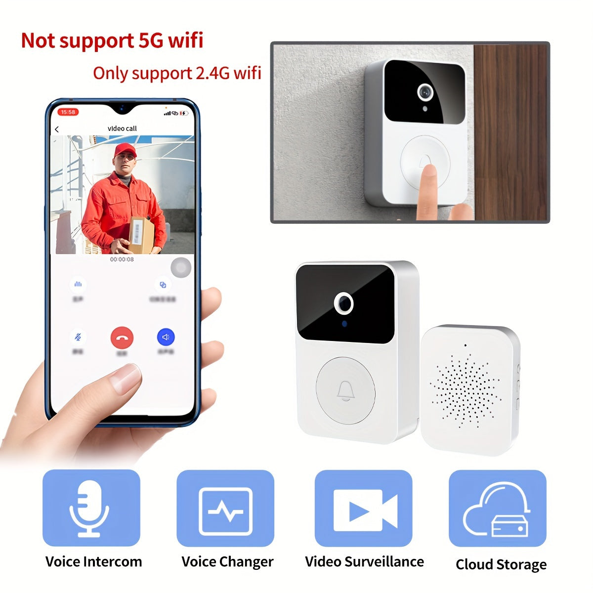 480p HD SELFIECOM Smart Video Doorbell - WiFi Door Camera with Night Vision, Remote Control - Rechargeable