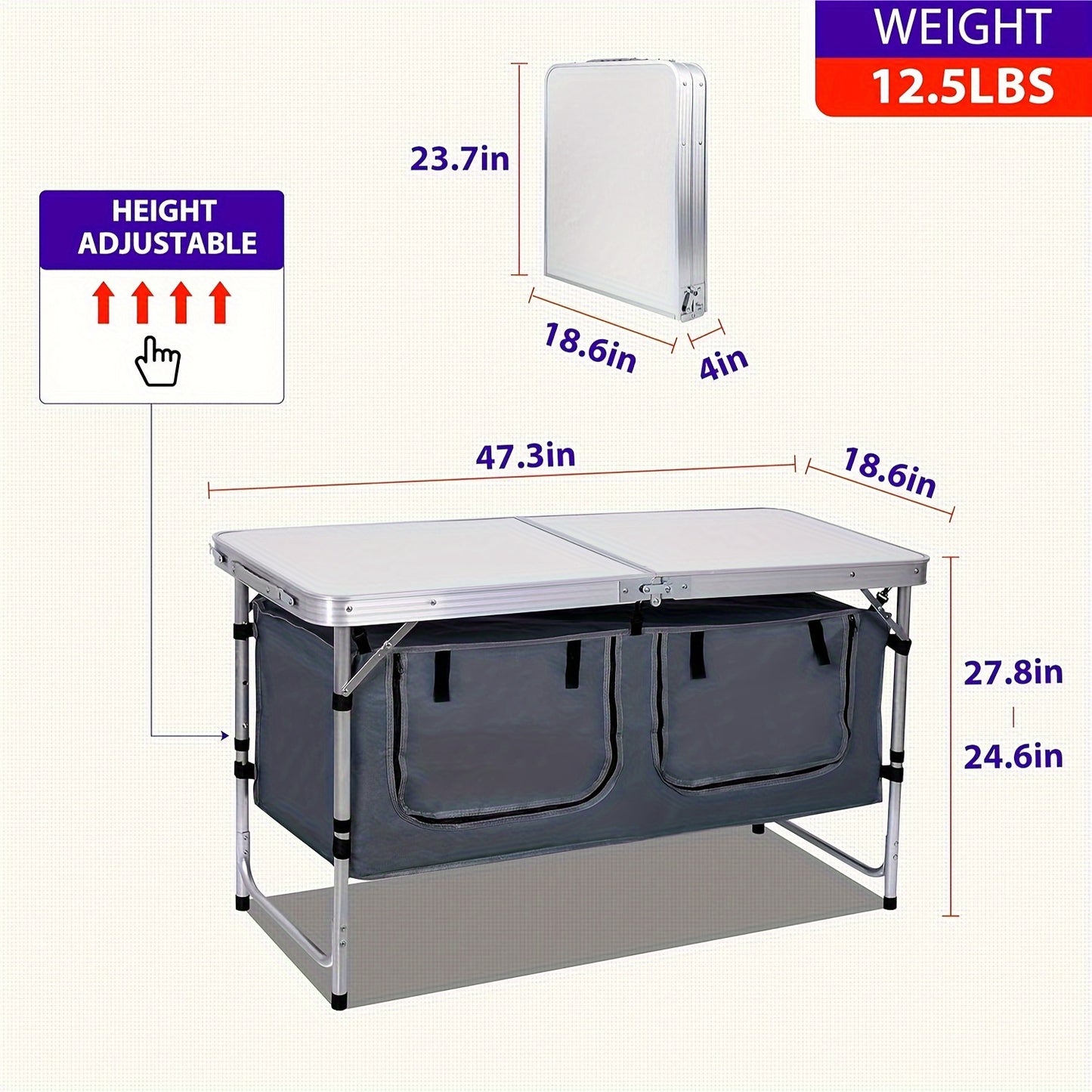 Adjustable Height Folding Camping Table With Carry Handle