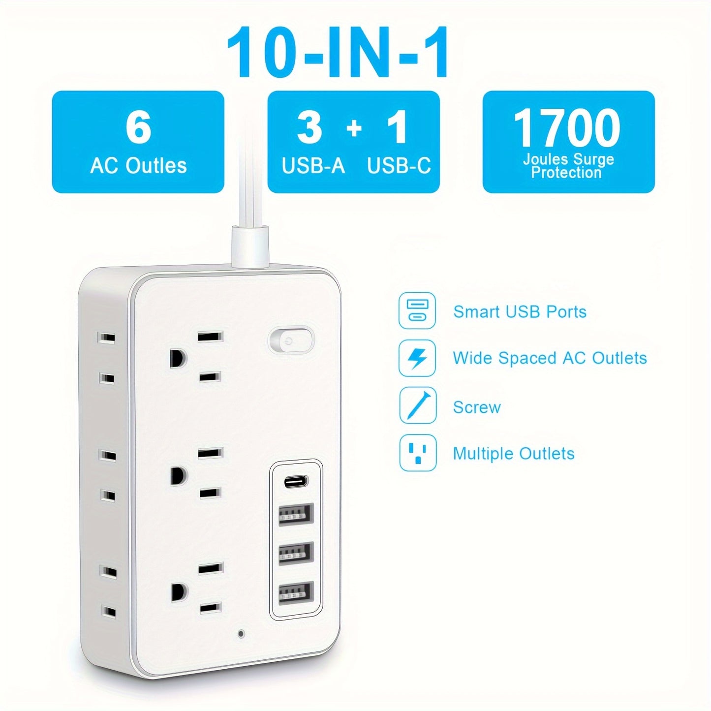 Surge Protector Power Strip with 5-Foot Flat Plug Extension Cord